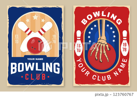 Bowling sports club stickers, logos, badges design. Vintage design with skeleton hand, bowling pins and ball silhouette. Vector. 123760767