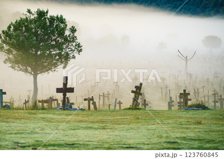 Haze in morning over Sad Hill Cemetery in Burgos, Spain 123760845
