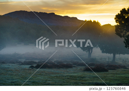 Haze in morning over Sad Hill Cemetery in Burgos, Spain 123760846