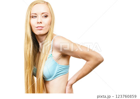 Girl long blond hair wearing bra 123760859