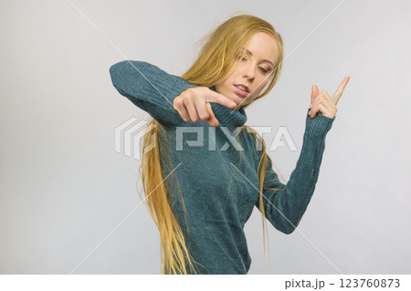 Woman pointing and shaking her finger Woman pointing and shaking her finger 123760873