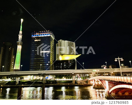 吾妻橋から見るライトアップされた夜のスカイツリー 123760985