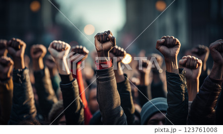 Multi ethnic people raising their fists up in the air. Raising hands for protest 123761008