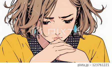 唇を噛んで不安そうな表情をしている若い女性