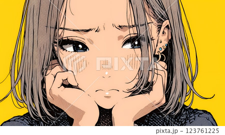 唇を噛んで不安そうな表情をしている若い女性