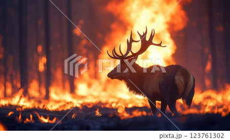 A deer fleeing from a burning forest, symbolizing the devastating impact of wildfires on wildlife and ecosystems. A deer fleeing from a burning forest, symbolizing the devastating impact of wildfires on wildlife and ecosystems. 123761302