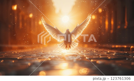 Dove flying towards a bright light in a mystical setting, symbolizing hope, faith, and spirituality. Dove flying towards a bright light in a mystical setting, symbolizing hope, faith, and spirituality. 123761306