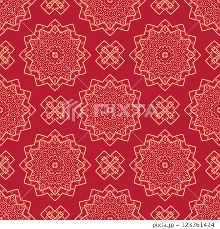 Vector Japanese seamless pattern in oriental geometric traditional style. Festive ornament for lunar chinese new year decoration. Red and golden asian creative motif. Abstract Waves and Circles Vector Japanese seamless pattern in oriental geometric traditional style. Festive ornament for lunar chinese new year decoration. Red and golden asian creative motif. Abstract Waves and Circles 123761424
