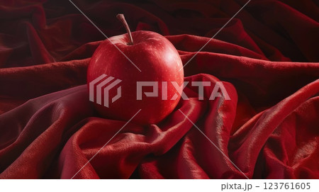 Red Apple Resting on Red Satin Fabric Close-Up 123761605
