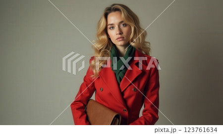 Elegant woman in a red coat and green scarf poses with a brown handbag against a neutral backdrop 123761634