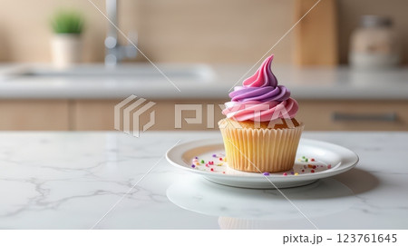 Colorful cupcake with pink and purple frosting on a white plate in a bright kitchen 123761645
