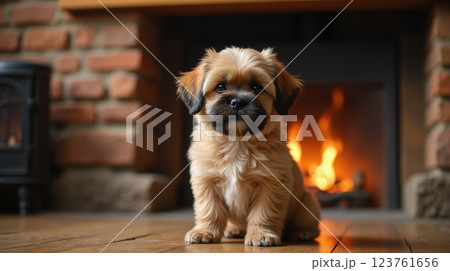 Cute puppy sitting in front of a cozy fireplace with a warm glow and rustic brick wall 123761656