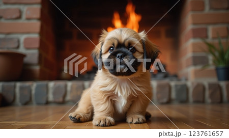 Cute puppy sitting on wooden floor in front of cozy fireplace with flickering flames Cute puppy sitting on wooden floor in front of cozy fireplace with flickering flames 123761657