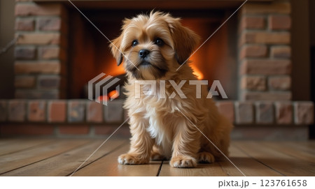 Cute fluffy puppy sitting calmly in front of a cozy fireplace on a wooden floor 123761658