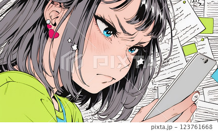スマホでメールを読みながら唇を噛んでいる神経質な女性。表情には怒りと不安が漂っている。