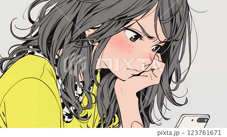 スマホでメールを読みながら唇を噛んでいる神経質な女性。表情には怒りと不安が漂っている。