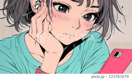 スマホでメールを読みながら唇を噛んでいる神経質な女性。表情には不安が漂っている。