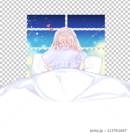 Woman hugging a cushion on a bed, love, window Woman hugging a cushion on a bed, love, window 123761687