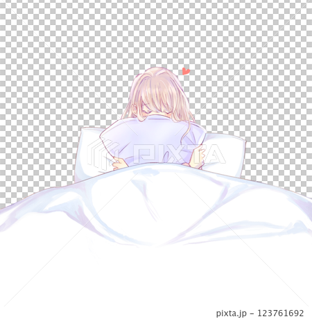 Woman hugging a cushion on the bed Love 123761692