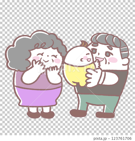 Illustration of a senior couple holding their grandchild Illustration of a senior couple holding their grandchild 123761706