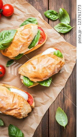 mini panini with mozzarella, fresh basil, and ripe tomatoes wrapped in kraft paper, minimalist style, soft natural lighting, clean white background, concept of healthy snacks, food packaging 123761773