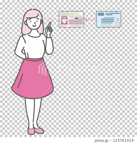 Illustration of a young college student explaining about his/her My Number card and health insurance card 123761819