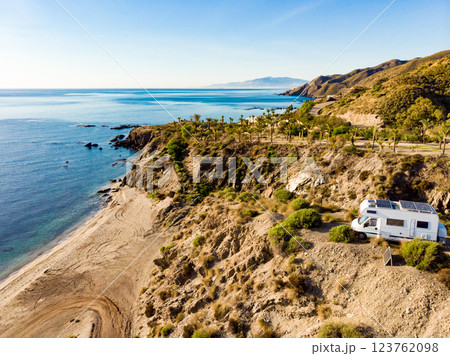 Caravan camping on sea shore, Spain. 123762098