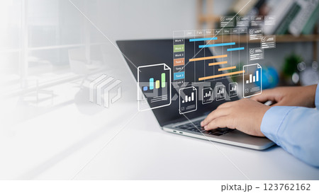 Planning software, Project management tool and work schedule concept, Businessman use laptop to manager working projects and update task with gantt chart schedule to Business plan and progress. 123762162