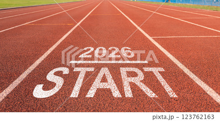 New year resolution 2026 concept, Word start 2026 written on athletics track preparing for new year for challenge and change, Planning and the goal to success, Beginning of new season. 123762163