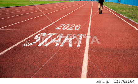 Word start 2026 written on athletics track preparing for new year for challenge and change, New year resolution 2026 concept,  Planning and the goal to success, Beginning of new season. 123762164