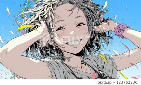 両手を広げて喜んでいる陽気な若い女性