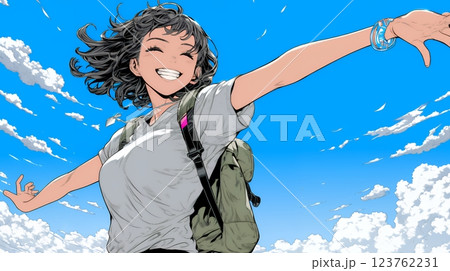 両手を広げて喜んでいる陽気な若い女性