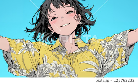 両手を広げて喜んでいる陽気な若い女性