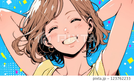 両手を広げて喜んでいる陽気な若い女性 123762233