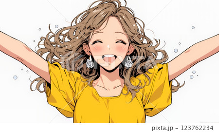 両手を広げて喜んでいる陽気な若い女性