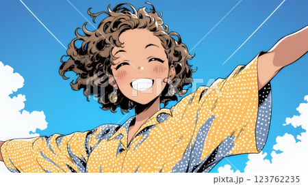 両手を広げて喜んでいる陽気な若い女性