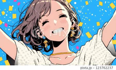 両手を広げて喜んでいる陽気な若い女性