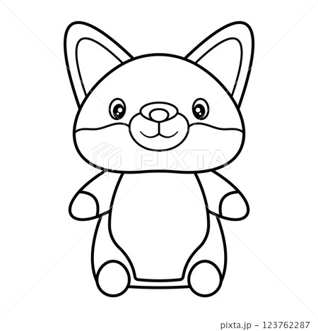 Cute Cartoon Fox Outline Vector Illustration. The fox has large, rounded ears with an inner ear design, big shiny eyes, and a small smiling mouth. 123762287