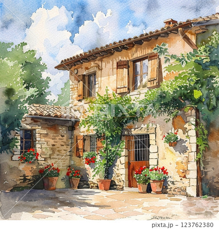 old house in the village, clear sunny day picture painted with watercolors 123762380
