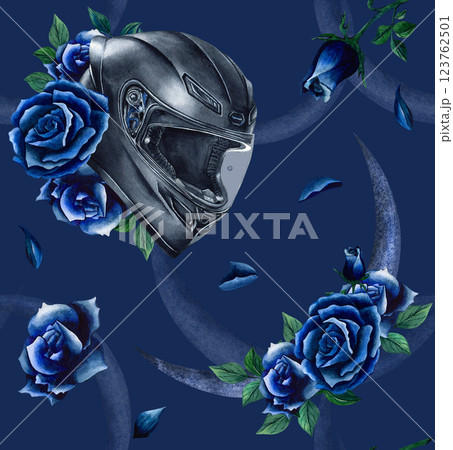 Seamless pattern with motorcyclist helmet with flowers, crescent moon and roses. Crash helmet for girl. Moto gear for women biker. Watercolor illustration on dark blue background. Textile, packaging Seamless pattern with motorcyclist helmet with flowers, crescent moon and roses. Crash helmet for girl. Moto gear for women biker. Watercolor illustration on dark blue background. Textile, packaging 123762501