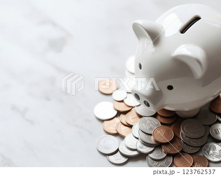 White ceramic piggy bank surrounded by scattered coins on a marble surface 123762537