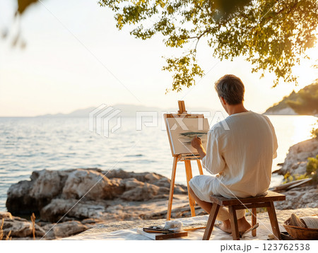 Artist painting a serene seascape on a canvas by the shore, surrounded by nature Artist painting a serene seascape on a canvas by the shore, surrounded by nature 123762538