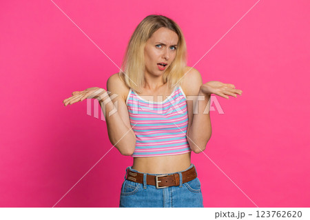 Angry woman asking why what reason of failure irritation disbelief by troubles conflict quarrel 123762620
