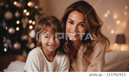 Woman with child. Mother and child having wonderful time on traditional Christmas Woman with child. Mother and child having wonderful time on traditional Christmas 123762915