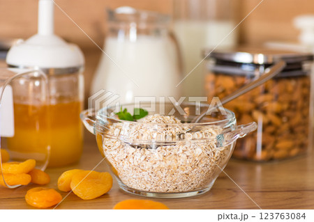 breakfast food set on wooden table 123763084