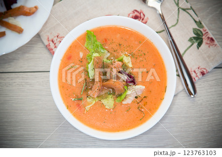 Dietary fish soup-puree with salmon on a light background 123763103