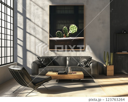 Loft-style interior with grey shades and wooden furniture with a painting on the wall with cacti. 123763264