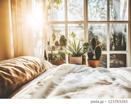 A cozy sunny bedroom with cacti in clay pots on the windowsill. House plants. 123763265