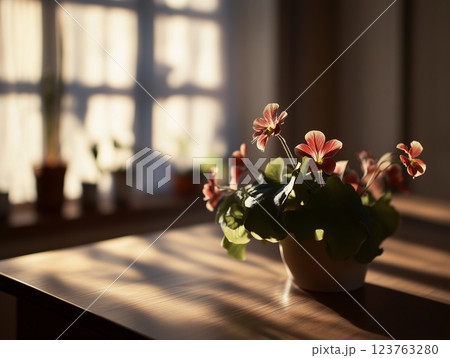 Gloxinia in a clay pot on a table in a cozy room at sunset. House plants. 123763280