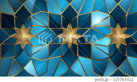 Stained glass floral pattern in shades of teal blue and golden yellow, suitable as Arabic background 123763322
